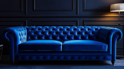 Obraz premium A luxurious velvet sofa in dark blue with elegant fleecy details, located in a stylish modern living room