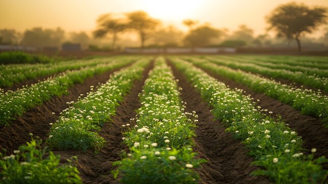 Serene Fields of Cumin Plants in Rajasthan, India: A Glimpse into Nature's Abundance