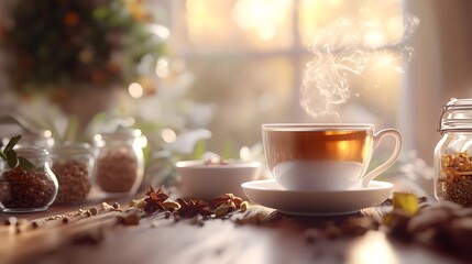 Fototapeta premium A Cozy Still-Life of Spicy Chai Tea with Whole Spices and Creamy Milk on an Elegant Wooden Table
