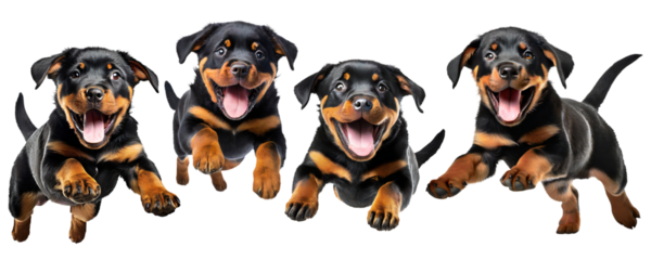 Cute rottweiler puppy jumping. Playful dog cut out at background.