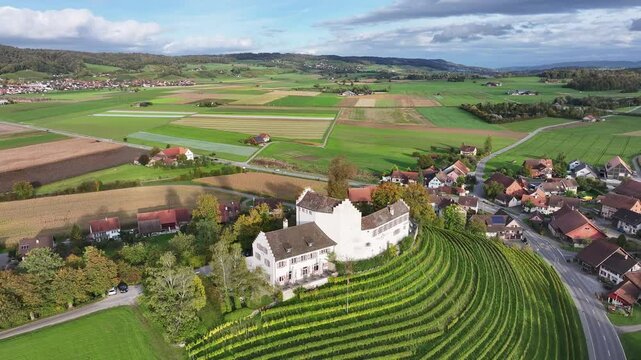 Aerial view of picturesque Castle Schwandegg surrounded by lush fields and charming village, Zurich, Switzerland.