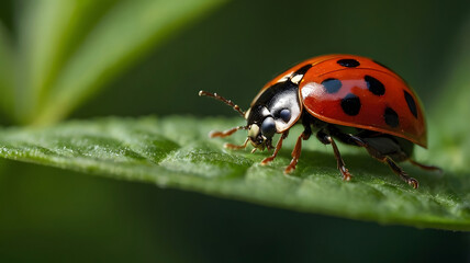 Fototapeta premium Macro, red ladybug on green leaves, Life in nature.