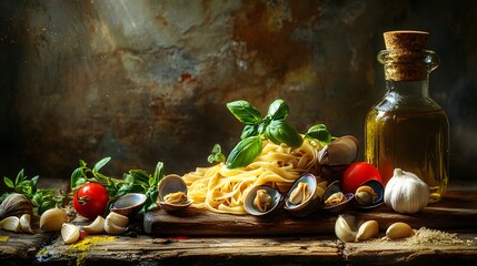 An Artistic Visual of Linguine alle Vongole with Vibrant Italian Ingredients on a Rustic Table