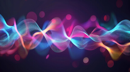 Vibrant abstract wave patterns in blue, pink, and purple tones create dynamic visual effect, representing sound waves or digital signals in modern design