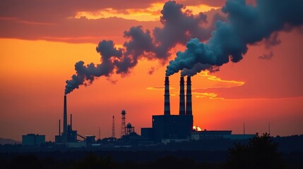 Industrial Smokestacks Emitting Smoke Against a Hazy Sunset Sky Representing Pollution
