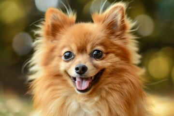 Obraz premium Portrait of a happy pomeranian dog smiling outdoors, with a blurred background