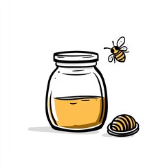 Honey jar, bee, honeycomb, white background, food illustration