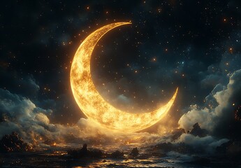 Fototapeta premium Luminous Crescent Moon Over Starry Sky and Tranquil Ocean