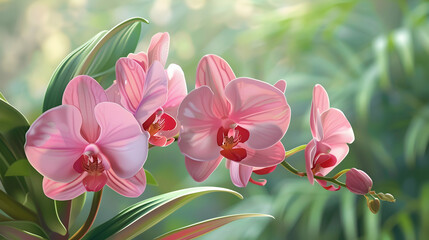 Fototapeta premium A vibrant display of pink orchids in a lush green garden, capturing the essence of nature's beauty