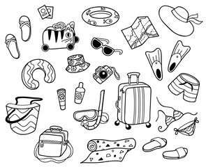 Vector travel set. Set of travel objects. Isolated on white. Hand drawn line illustration.