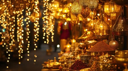 Obraz premium Golden Lights and Lamps Illuminating a Night Market