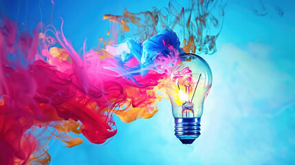 vibrant light bulb surrounded by colorful smoke swirls in blue background, symbolizing creativity and inspiration. dynamic colors evoke sense of energy and imagination