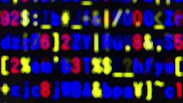 ピンボケ・三原色・コンピュータ空間のランダムな文字列・さまざまな文字を含むデータベース・エンコードされたプログラム内のデータセット・数学的計算・大規模言語モデル・機械翻訳・英数字記号・横長・ビデオ
