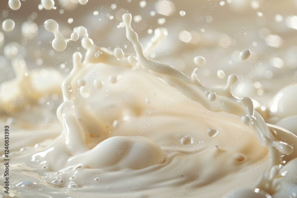 Poster milk is splashing and creating waves and bubbles