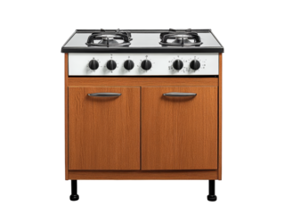 Efficient small kitchen design, twoburner stove and storage cabinet maximizing space utilization.