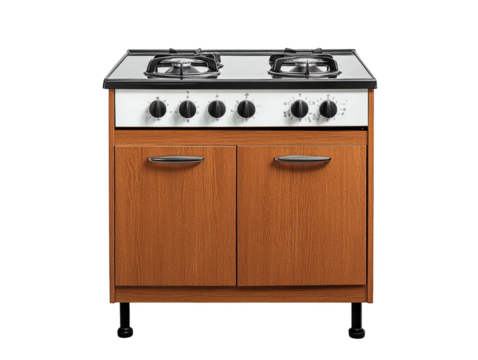 Efficient small kitchen design, twoburner stove and storage cabinet maximizing space utilization.