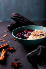 Traditional Peruvian dessert with white rice, milk and purple corn.