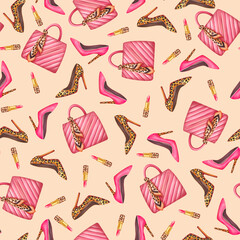 Seamless pattern of surfaces. Background with illustrations of a pink bag, a leopard print scarf, high heels, lipstick.