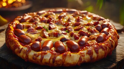 Mouthwatering Visual of a Hot Dog Pizza Creation with Savory Hot Dogs Stuffed into a Crust and Enhanced by Fresh Ingredients in an Outdoor Setting