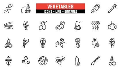 Set of 25 line icons vegetables. Editable stroke. Vector illustration