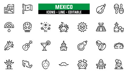 Set of 25 line icons Mexico. Editable stroke. Vector illustration