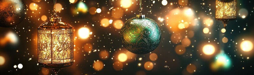 Obraz premium Ornate Golden Ornaments with Sparkling Lights Against a Dark Background