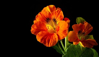 close up of Nasturtium flowers, black background, copy space