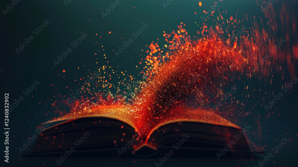 Poster open book with vibrant red and orange particles exploding from its pages, creating magical and dynam