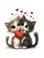 Obraz premium Two cute kittens holding a red heart surrounded by floating hearts, showcasing love and affection in a whimsical and colorful illustration