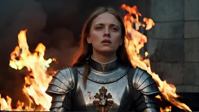 Joan of Arc, standing before the flames, gazes upward with an expression of sorrow and resilience.