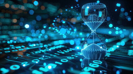 digital hourglass symbolizes passage of time in tech inspired environment, with glowing binary code and blue bokeh effects creating futuristic atmosphere