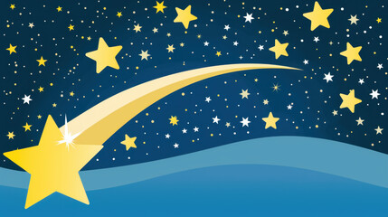bright shooting star glides across night sky filled with twinkling stars, creating magical atmosphere. scene evokes feelings of wonder and dreams