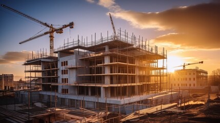 Construction Site at Sunset with Cranes and Building Framework Under a Beautiful Sky