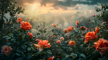 Vibrant roses blooming in a lush garden at sunset, with a misty landscape in the background