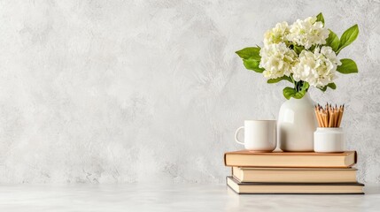 Fototapeta premium White flowers, books, and coffee on a table
