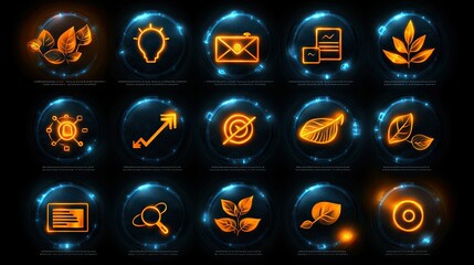 Glowing Orange Icons in Circular Frames