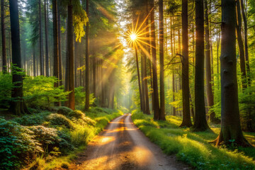 Obraz premium A Narrow Dirt Path Through a Sunlit Forest