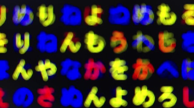 ピンボケ・三原色・コンピュータ空間のランダムな文字列・さまざまな文字を含むデータベース・エンコードされたプログラム内のデータセット・数学的計算・大規模言語モデル・機械翻訳・ひらがな・日本語・横長・ビデオ
