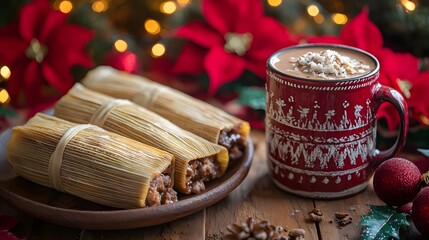 A Captivating Mexican Holiday Spread Featuring an Irresistible Array of Tamales and Creamy Hot Chocolate Celebrating Christmas Cheer