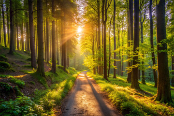 Fototapeta premium A Narrow Dirt Path Through a Sunlit Forest