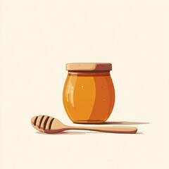 Honey jar, wooden dipper, light background, food photography, recipe illustration