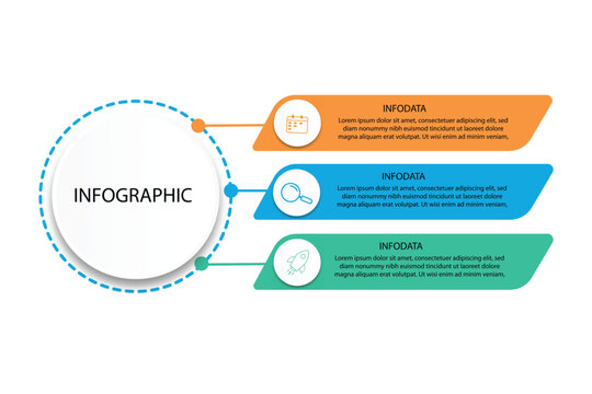 Mind map with three rectangular elements connected to main circle. Concept of business plan with 3 strategic steps. Minimal infographic design template.