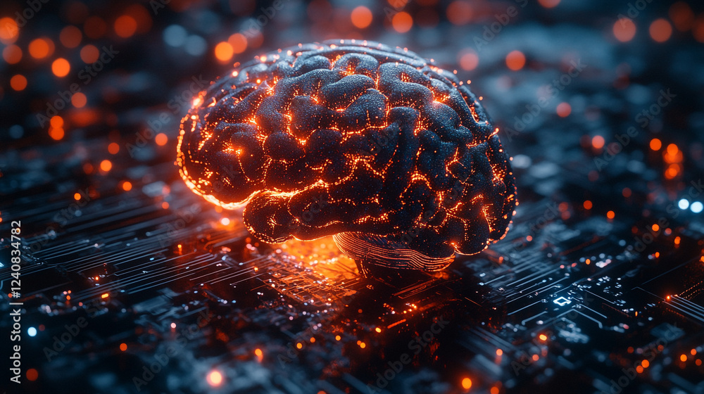 Poster digital brain neural network artificial intelligence technology 3d data mind glow cyber system