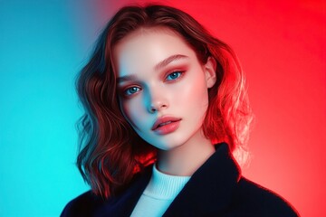 Fototapeta premium A young Caucasian woman with wavy hair poses against a blue and red background, showcasing a striking beauty look. Colorful Glow, Dual-Tone Studio Lighting