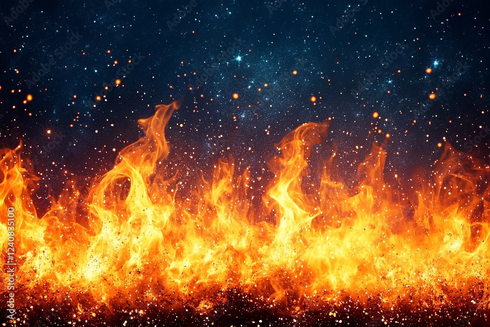 Aufkleber dynamic flames dance against a starlit sky, creating a striking contrast of fire and stars in the ni
