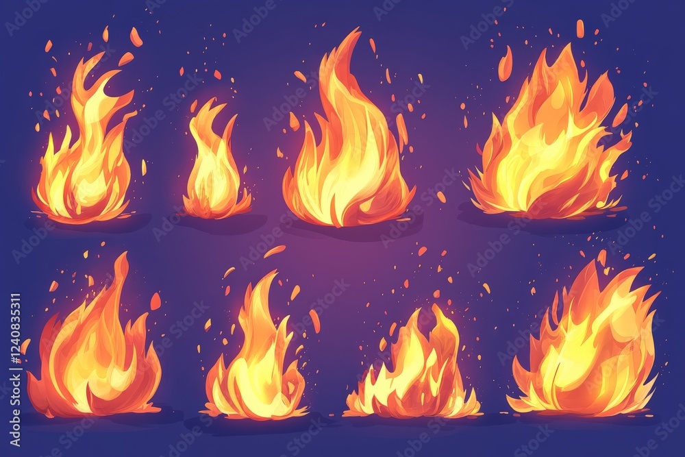 Poster Various flame designs created with bright colors and dynamic shapes on a dark background showcase fire's vibrant movement and energy