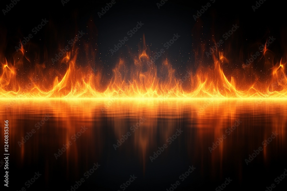Aufkleber flames rise intensely over a dark reflective surface, creating a striking display of light and heat