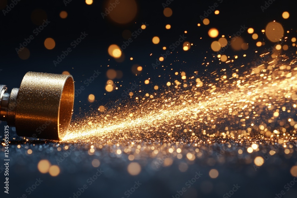 Poster Sparkling golden particles burst from a nozzle in a dark environment creating a mesmerizing display of light