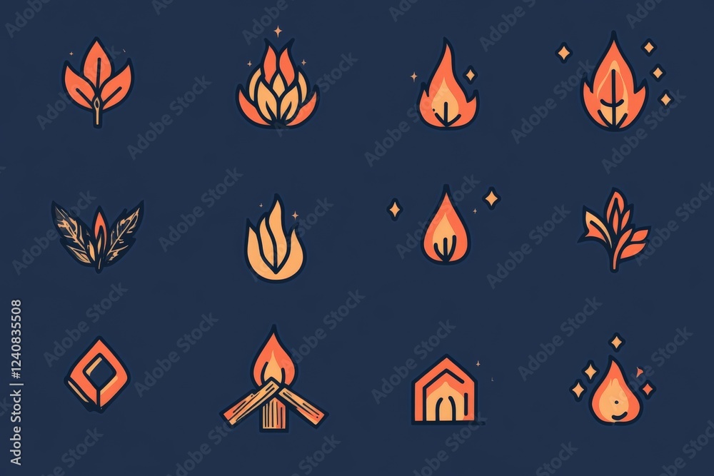 Poster vibrant collection of fire and leaf icons in various designs and styles on a dark background