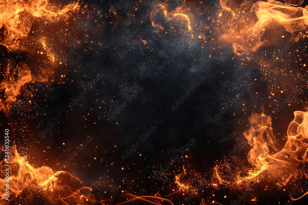 Poster vibrant flames and sparks surround a dark center creating an intense and fiery atmosphere